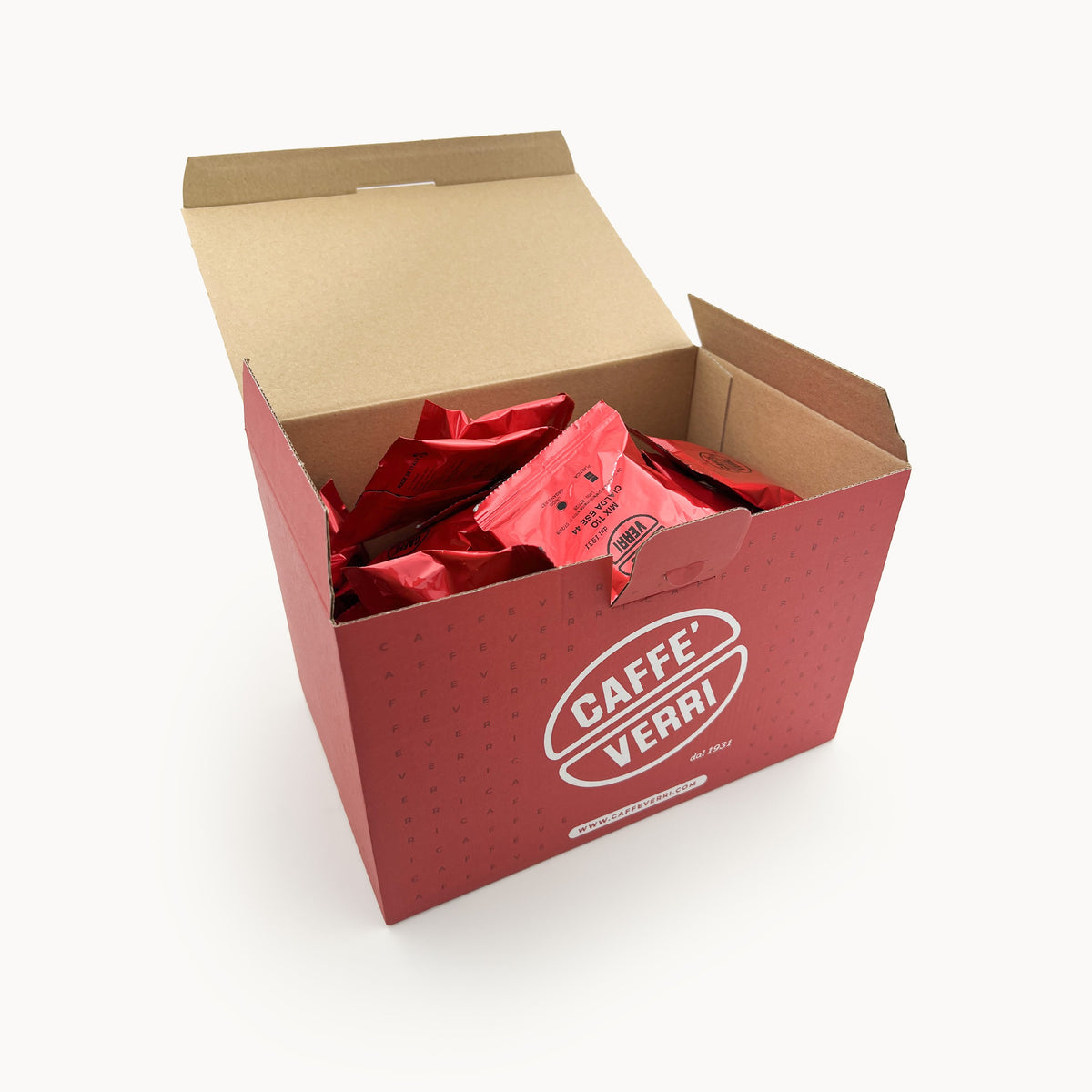 Open Caffè Verri box with 50 individually wrapped Tiomoka ESE pods